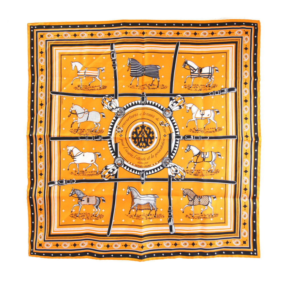 Hermes Scarf/Muffler, Carre 55, Horse Blanket Pattern, Orange, 100% Silk, Min...